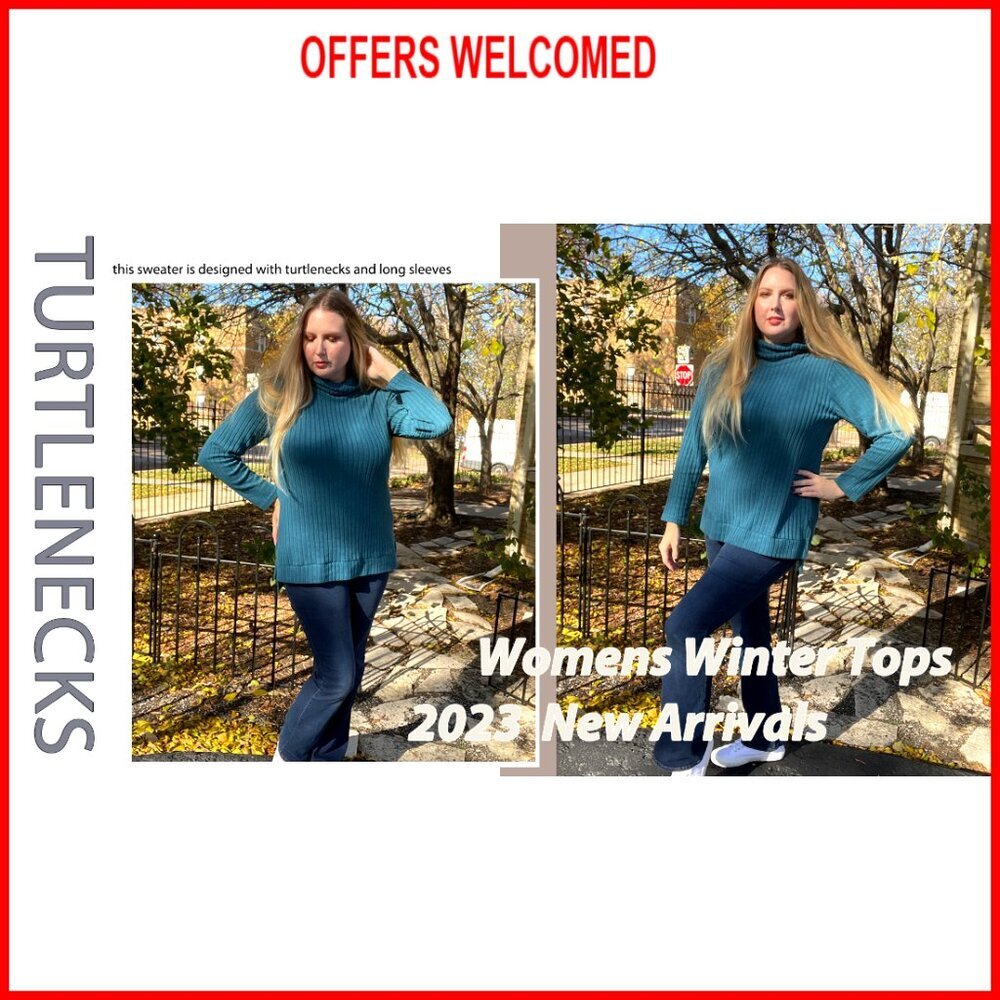 Oversized Turtleneck Tunic Top Long Sleeve Side Split High Low Hem Sweater - Picture 7 of 7